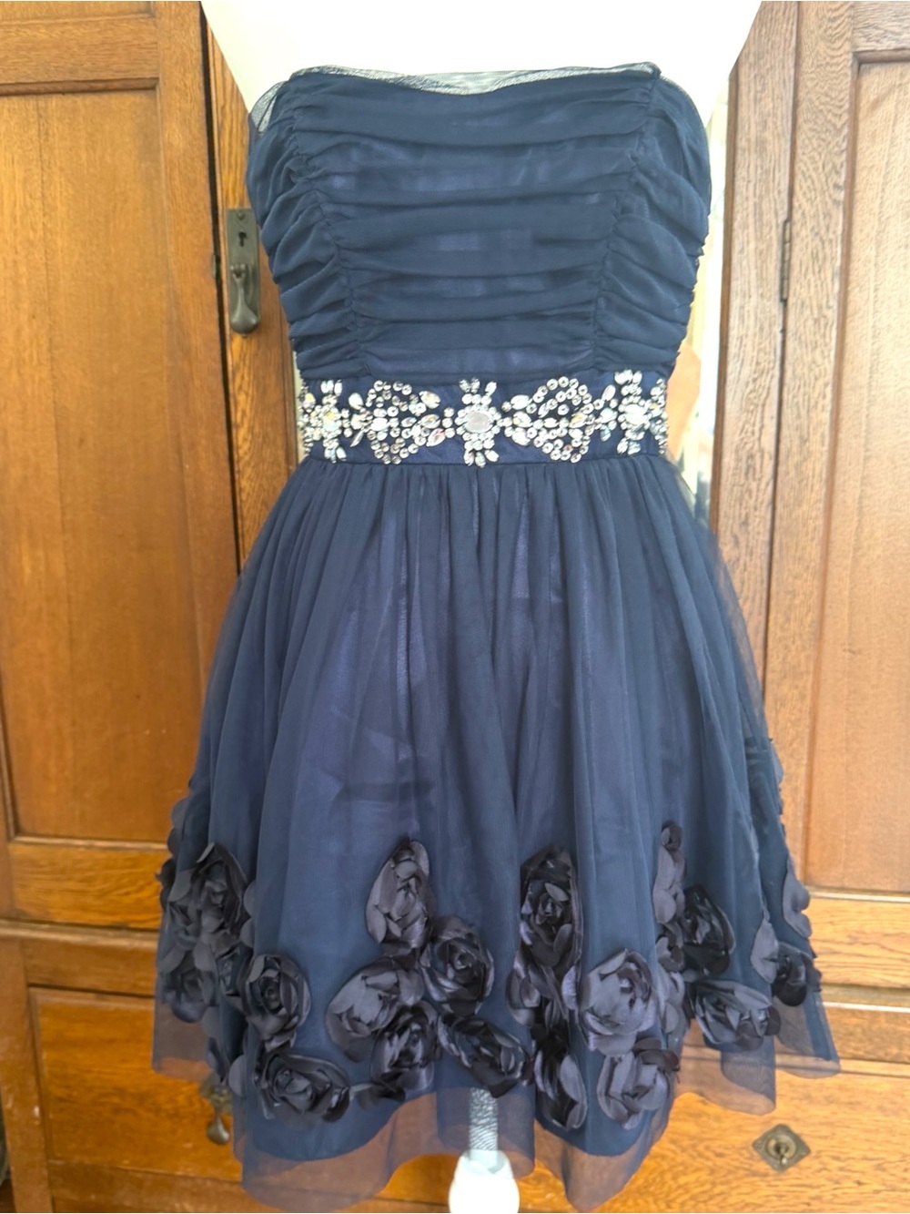 B. Darlin Navy Strapless Rosette Jeweled Y2K Prom Party Dress 3/4, Balletcore